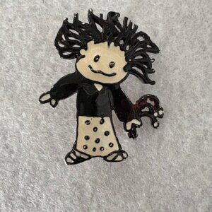 Vintage Papel Giftware Black & White Enamel Girl w/Flowers Pin